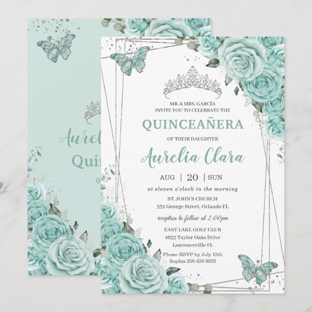 Convites Turquoise Green Floral Butterflies Quinceanera 15  (Frente/Verso)