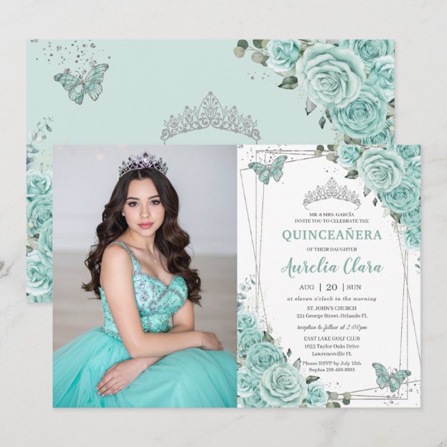 Convites Turquoise Green Floral Butterflies Quinceanera 15  (Frente/Verso)