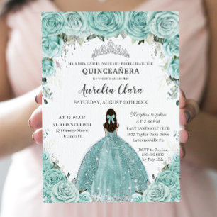 Convites Turquoise Green Floral Princesa Silver Quinceañera