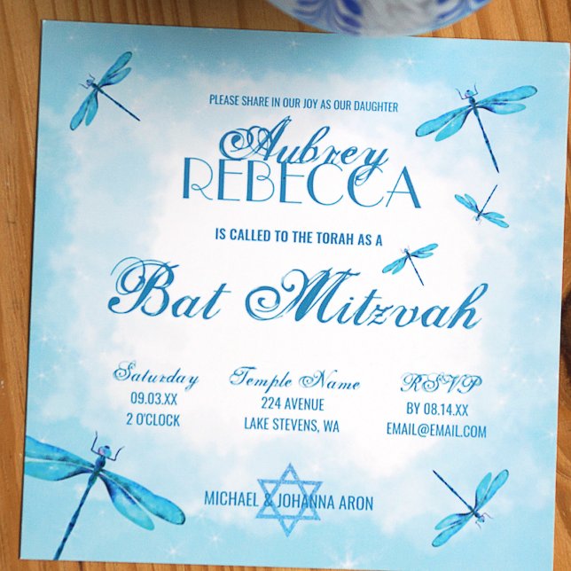 Convites Turquoise Light Dragonflies Bat Mitzvah (Whimsical turquoise dragonflies bat mitzvah invitation, unique square card)