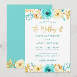 Convites Turquoise Mint Floral Romântico Dourado Casamento