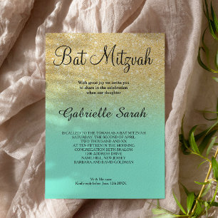 Convites Turquoise ombre Bat Mitzvah, com brilho Dourado