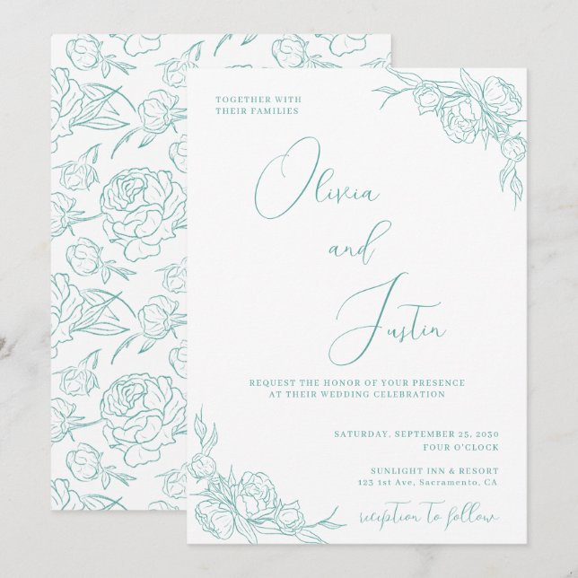 Convites Turquoise Peony Elegance Wedding (Frente/Verso)