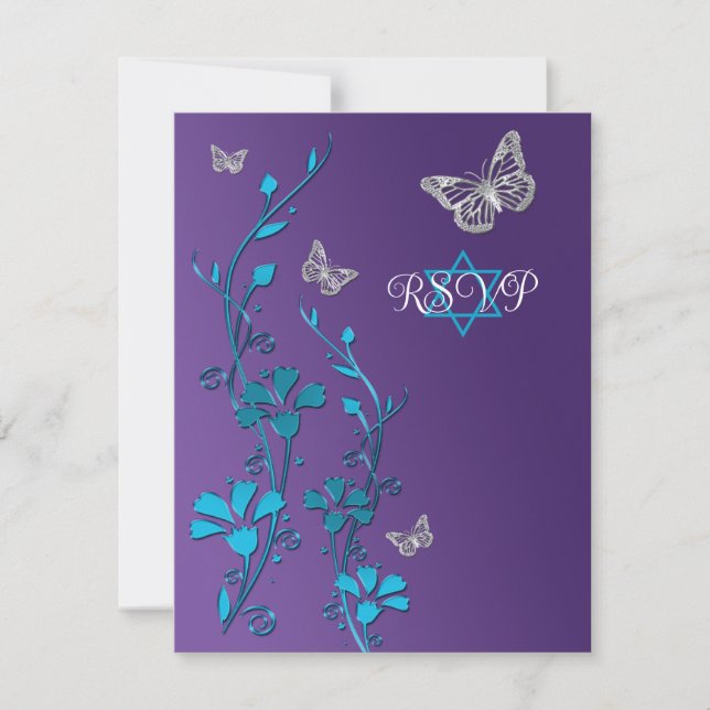 Convites Turquoise, Purple Floral, Butterflies RSVP Card (Frente)