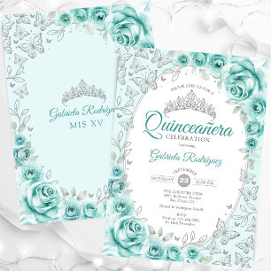Convites Turquoise Silver Floral Quinceanera