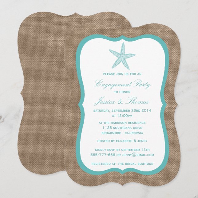 Convites Turquoise Starfish Burlap Beach Festa de noivado (Frente/Verso)