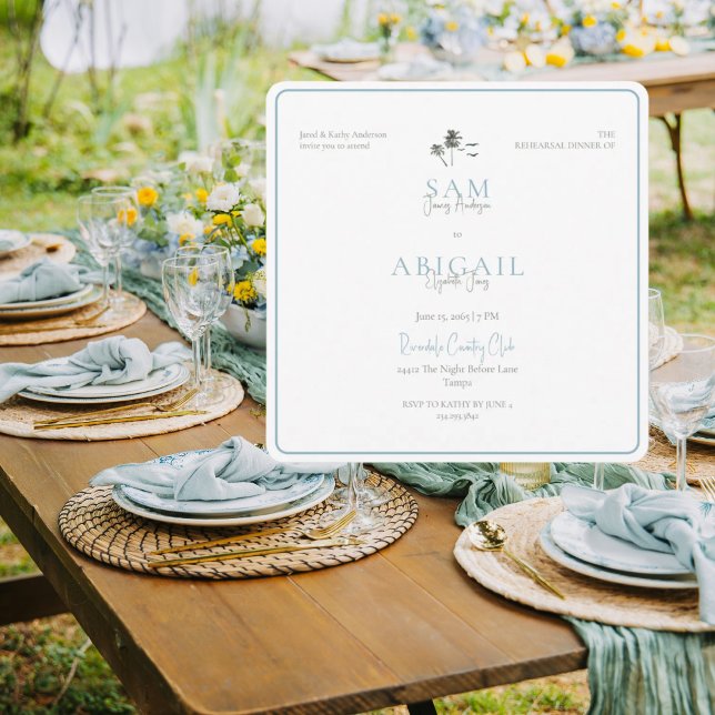 Convites Turquoise Tropics Rehearsal Dinner White Square (Criador carregado)