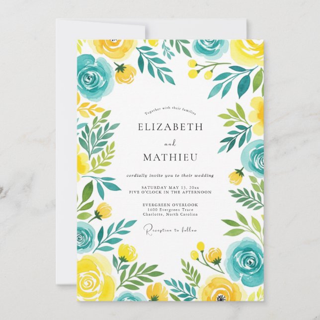 Convites Turquoise Yellow Breezy Summer Wedding (Frente)