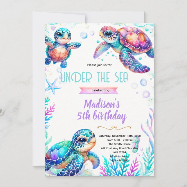 Convites Turtle girl party theme invitation (Frente)