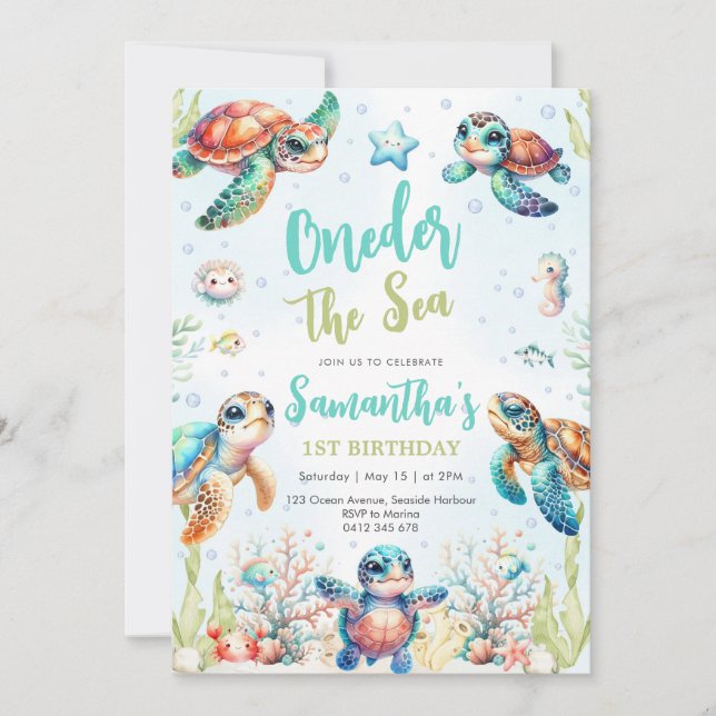 Convites Turtle Oneder The Sea 1st Birthday Invitation (Frente)