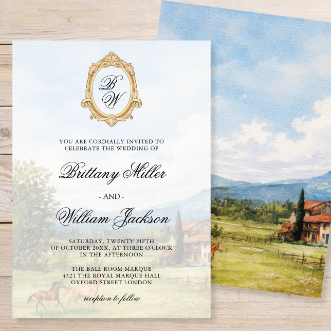 Convites Tuscan Countryside Landscape Monogram Wedding  (Criador carregado)