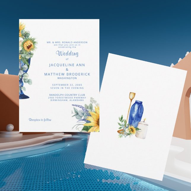 Convites Tuscan Sunflower Bride Parents Casando Texto Azul (Criador carregado)