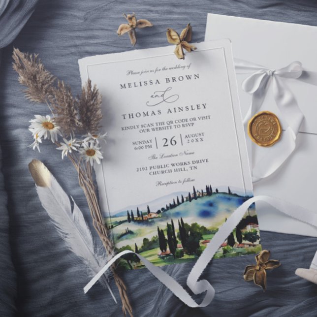 Convites Tuscany Italy Watercolor Landscape QR Code Wedding (Criador carregado)