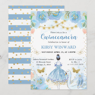Convites Tutu Azul Bailarina de Cabelo Preto Quinceanera