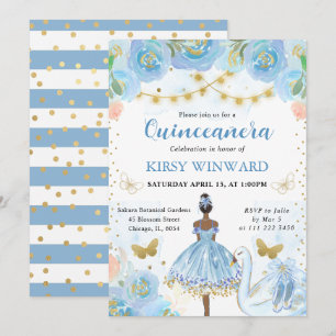 Convites Tutu Azul Bailarina de Pele Morena Quinceanera