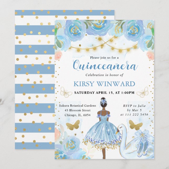 Convites Tutu Azul Bailarina de Pele Morena Quinceanera (Frente/Verso)