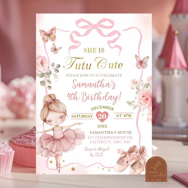 Convites Tutu de Bailarina com Laço Rosa Aniversário Fofo (Criador carregado)