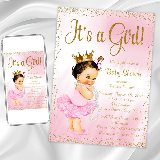 Convites Tutu de Bailarina Pequena de Ouro Rosa Chuveiro de (Pink gold princess baby shower invitation. Instant download and printed invitations available.)
