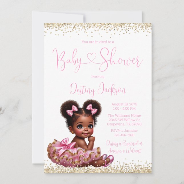 Convites Tutu de Glitter Rosa Dourado Chá de Bebê Menina Af (Frente)
