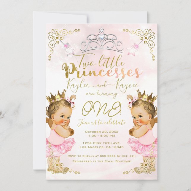 Convites Tutu e Coroa de Princesa Rosa para Gêmeas no Anive (Frente)