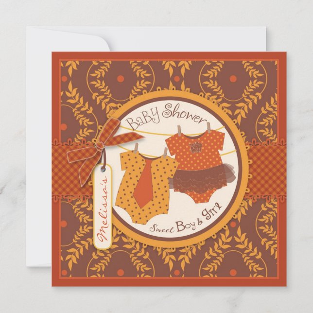 Convites Tutu & laço & chá de fraldas dos gêmeos da videira (Frente)