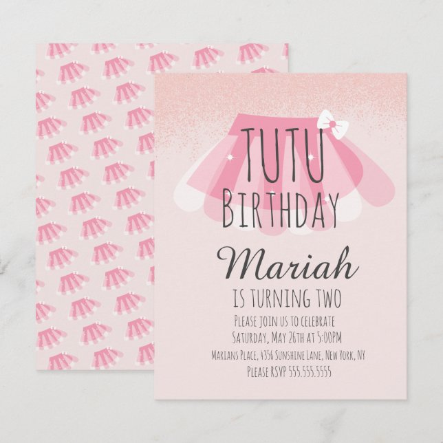 Convites Tutu Menina Aniversário Rosa Brilho Falso  (Frente/Verso)