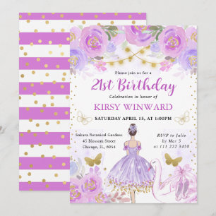 Convites Tutu Roxo Bailarina de Cabelo Castanho Aniversário