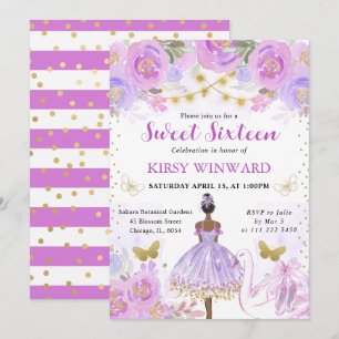 Convites Tutu Roxo Bailarina de Pele Morena Doce 16
