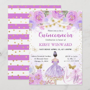 Convites Tutu Roxo Cabelo Preto Bailarina Quinceanera