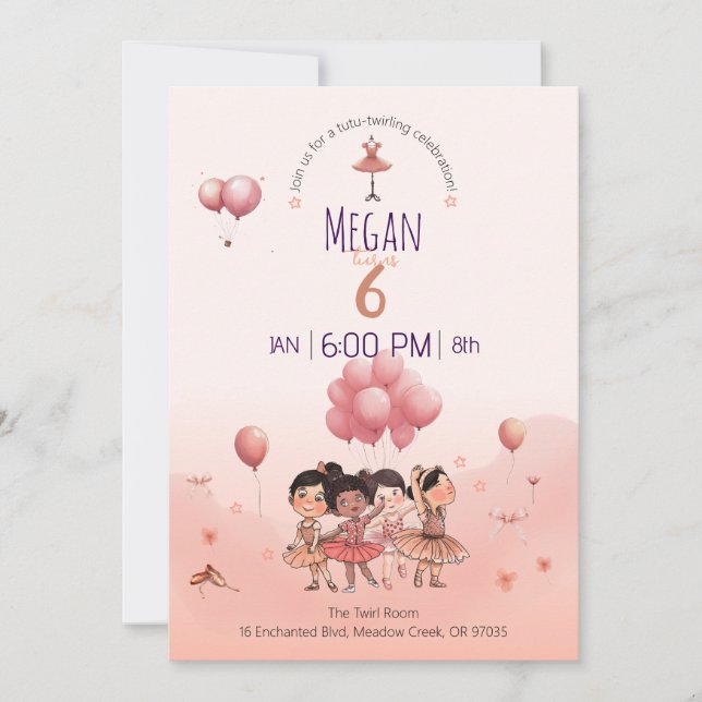 Convites Tutu Twirling Balé, Diverso Ballerina Aniversário (Frente)