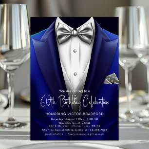 Convites Tuxedo Azul Royal Prata Aniversário Masculino Qual