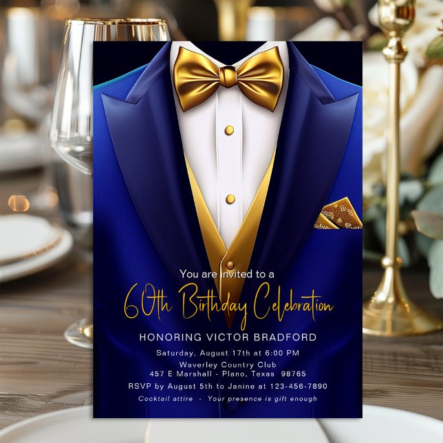 Convites Tuxedo Dourado Azul Real Aniversário Qualquer Núme (Blue and gold any number birthday or event invitation with classy blue and gold tuxedo design.)