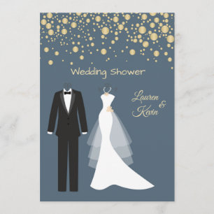 Convites Tuxedo & Gown, confete de ouro, chá de casal