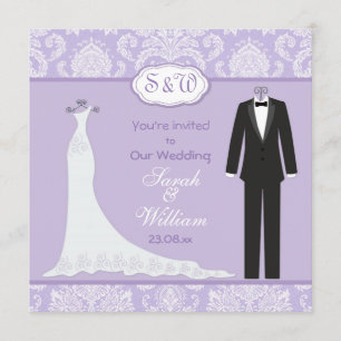 Convites Tuxedo & Gown no casamento tema damasco lilás lav
