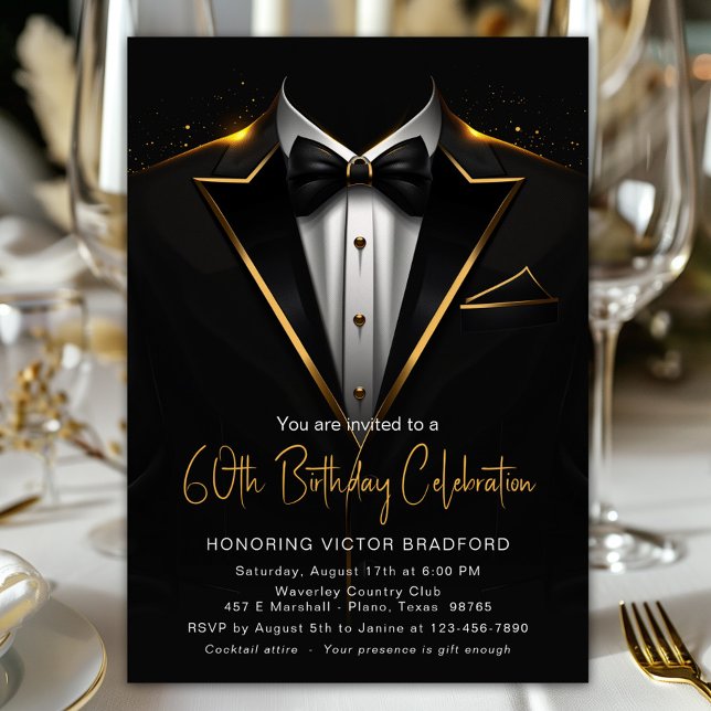 Convites Tuxedo Preto Dourado para Homens em Qualquer Númer (Black and gold tuxedo any number birthday or event invitation. Simply add your details.)