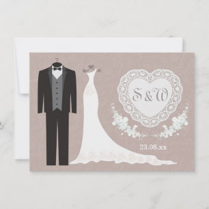 Convites Tuxedo vestido, coração na cinza bege Casamento