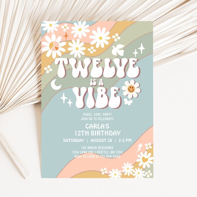 Convites TWELVE é um Vibe Daisy Hippie 70s Retro Birthday (Criador carregado)