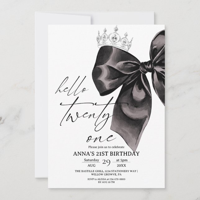 Convites Twenty one Black Bow 21st Birthday Invitation (Frente)