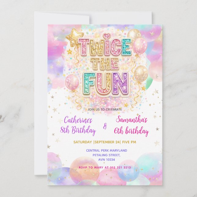 Convites Twice the Fun Pastel Glitter Double Birthday (Frente)