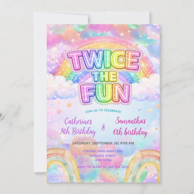 Convites Twice the Fun Rainbow Sibling Birthday  (Frente)