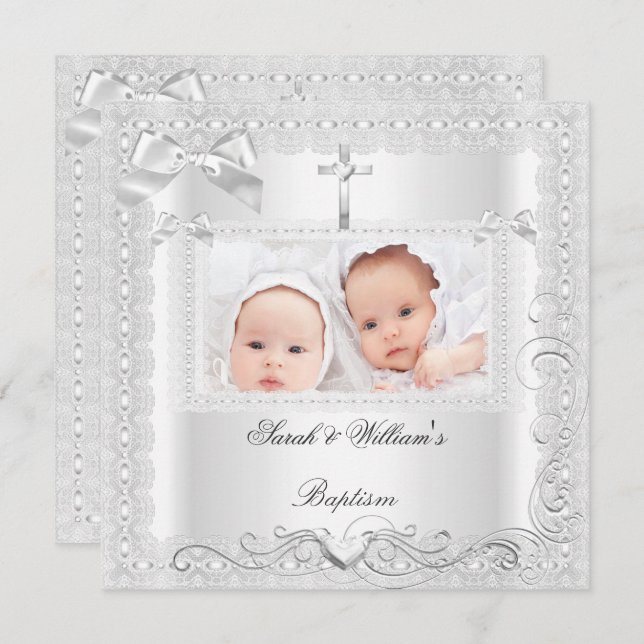 Convites Twin Baby Baptism Girl Christening White Lace (Frente/Verso)