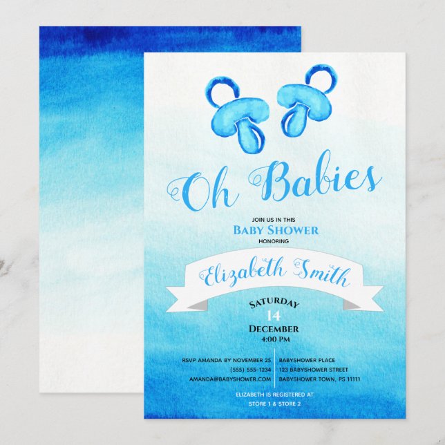 Convites Twin baby boy watercolor babyshower (Frente/Verso)
