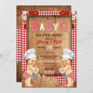 Convites Twin Baby Boys Red Gingham Wood Baby Q Barbecue