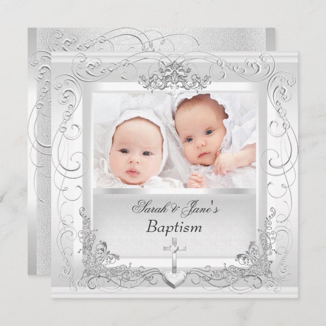 Convites Twin Baby Girl Boy Christening Baptism White (Frente/Verso)