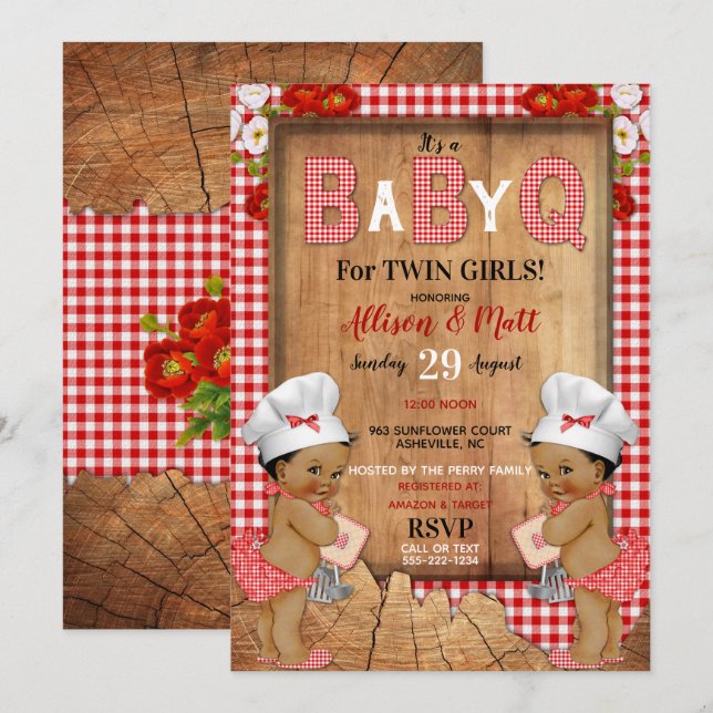 Convites Twin Baby Girls Red Gingham Wood Baby Q Barbecue (Frente/Verso)