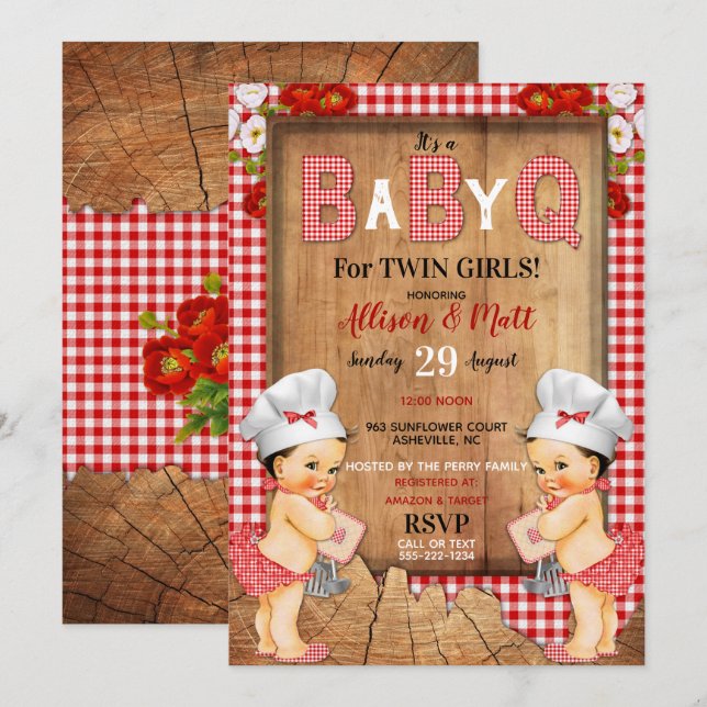 Convites Twin Baby Girls Red Gingham Wood Baby Q Barbecue (Frente/Verso)