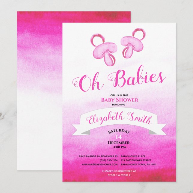 Convites Twin Baby girls watercolor babyshower (Frente/Verso)