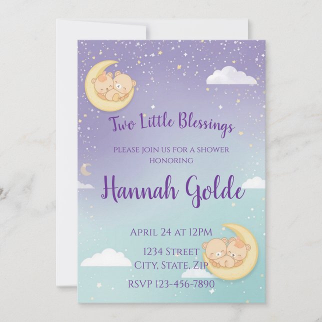 Convites Twin Baby Shower Invitation Sleeping Animals Moon (Frente)