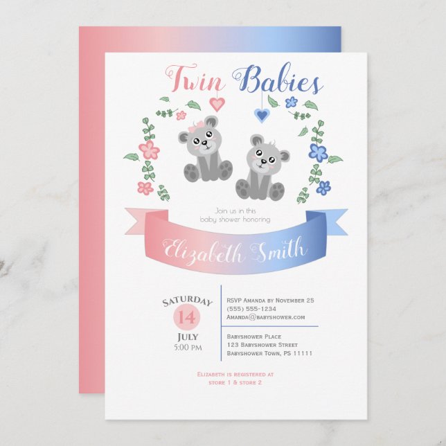 Convites Twin boy and girl Cute bear babyshower (Frente/Verso)