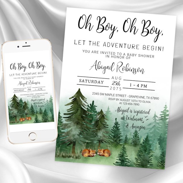 Convites Twin Boy Fox Woodland Oh Boy Chá de fraldas (Boy twin fox woodland baby shower invitation. Instant download and printed invitations available.)